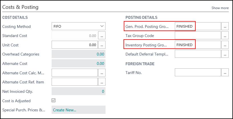 Costs and Posting FastTab Costs and Posting FastTab