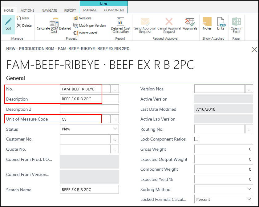 Production BOM General FastTab Production BOM General FastTab
