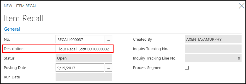 Item Recall General FastTab Item Recall General FastTab