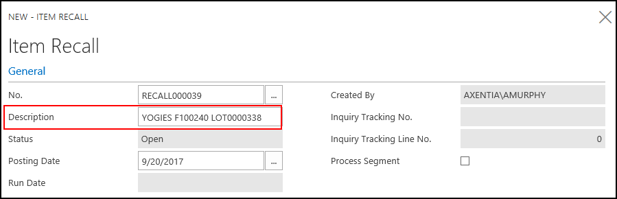 Item Recall General FastTab Item Recall General FastTab