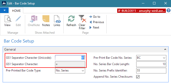 Bar Code Setup