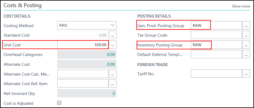 Costs and Posting FastTab