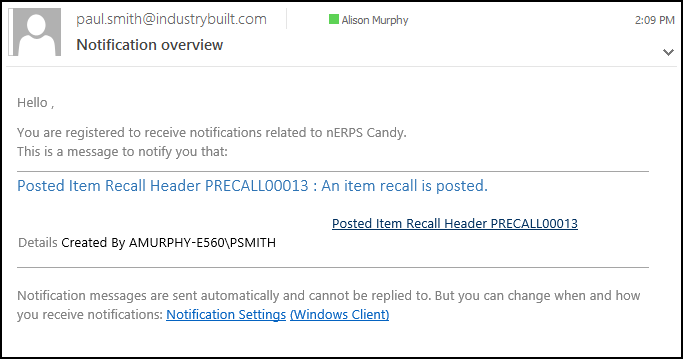 Item Recall Notification