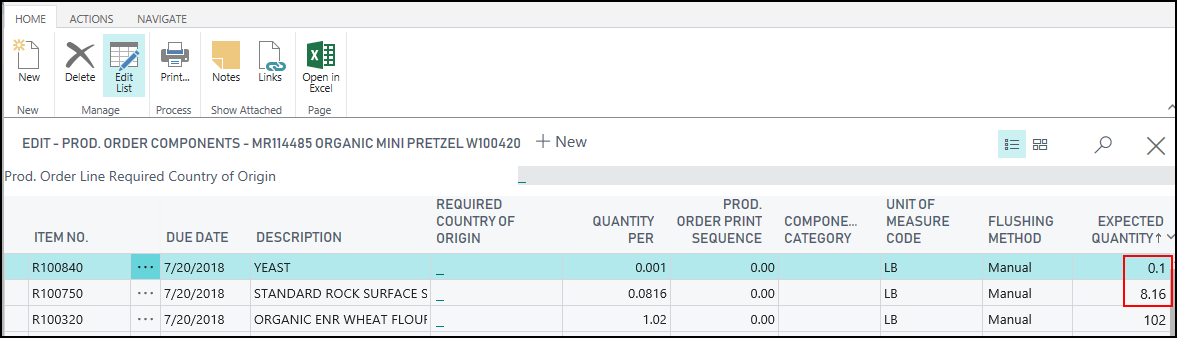 Production Order Components