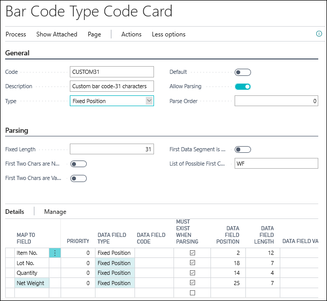 Fixed Position Bar Code Type