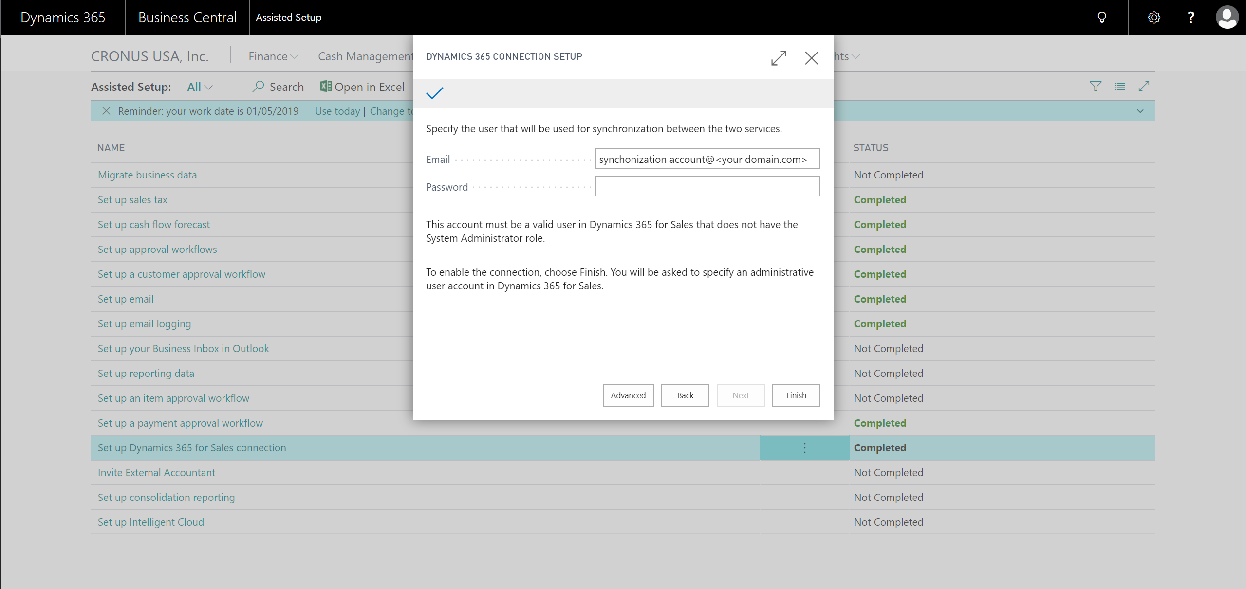 Assisted setup guide showing place to enter synchronization user credentials